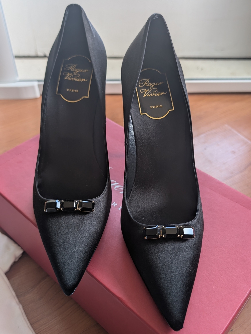 Roger Vivier Black Satin Pointed Toe Pumps with Gem Accent